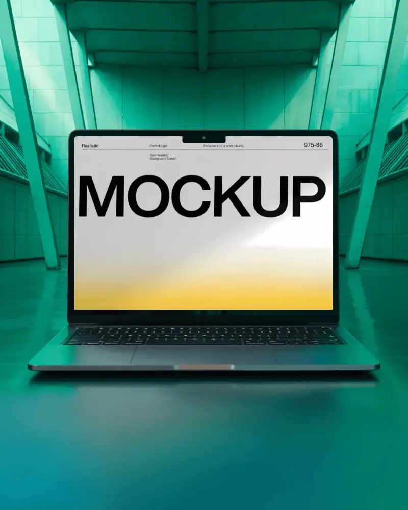 Futuristic Aqua Architecture Macbook M5 Air Mockup With Reflective Ground Illumination