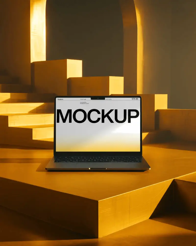 Golden Architectural Dreamscape Macbook M5 Pro Mockup With Soft Sculpted Light