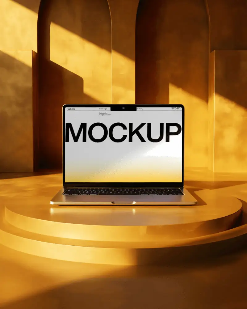 Golden Architectural Sunlit Podium M2 Air Mockup In A Soft Elegant Ambient Glow