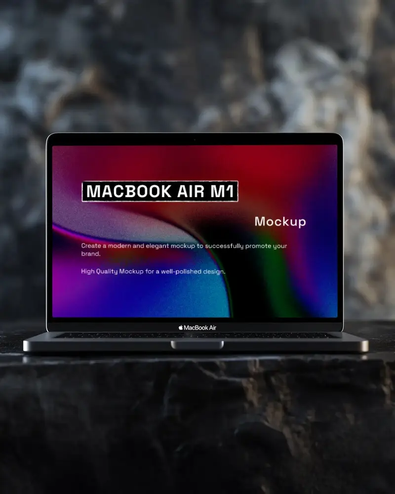 Modern Macbook Air M1 On Black Textured Surface With Clean Empty Screen And Sharp Focus