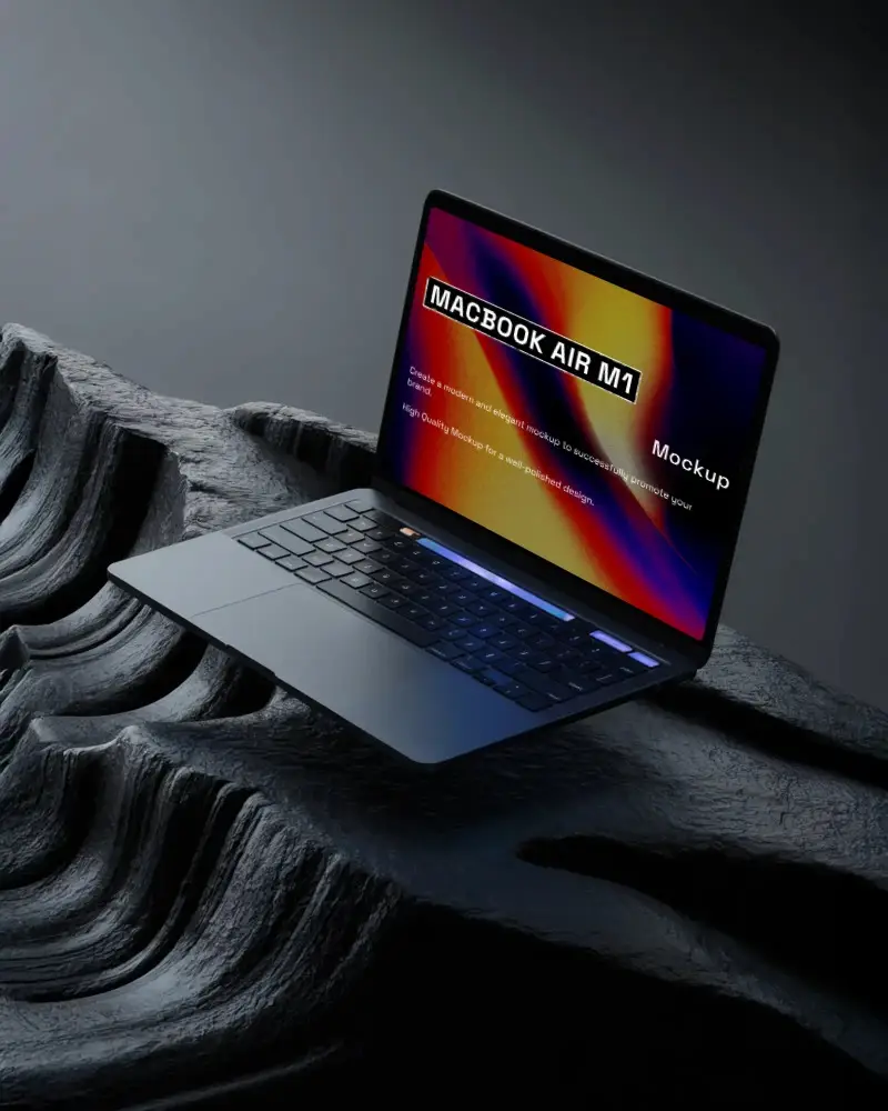 Floating Macbook Air M1 Laptop On Dark Rock Textured Surface With Empty White Screen