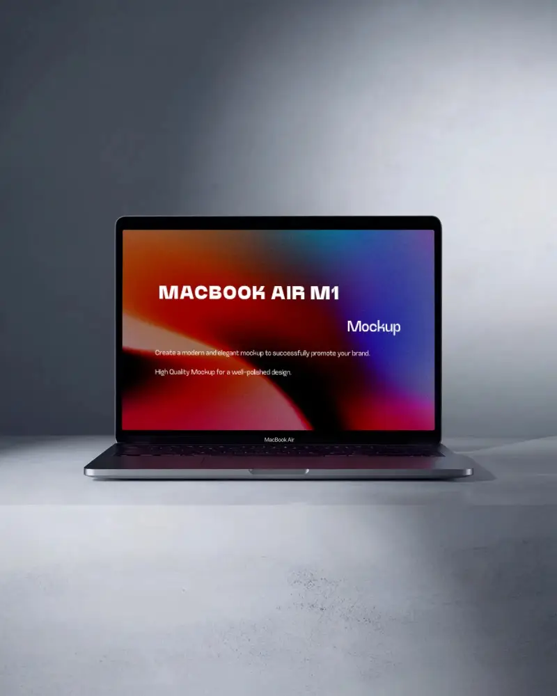 Macbook Air M1 Mockup On Minimal Grey Surface With Soft Diffused Lighting And Clean Gradient Background
