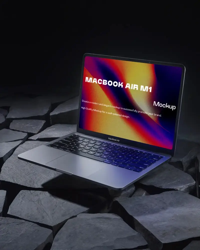 Macbook Air M1 Mockup On Dark Split Stone Surface With Moody Lighting And Dramatic Shadows