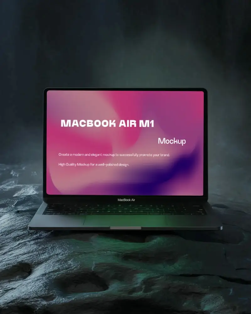 Macbook Air M1 Mockup On Dark Textured Surface With Moody Green Lighting And Shadowy Atmosphere