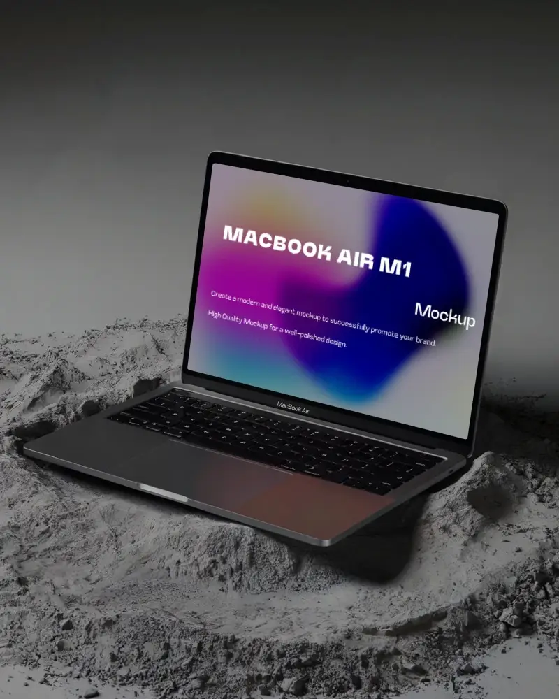 Macbook Air M1 Mockup On Soft Grey Dusty Surface With Gradient Background And Subtle Shadow Play