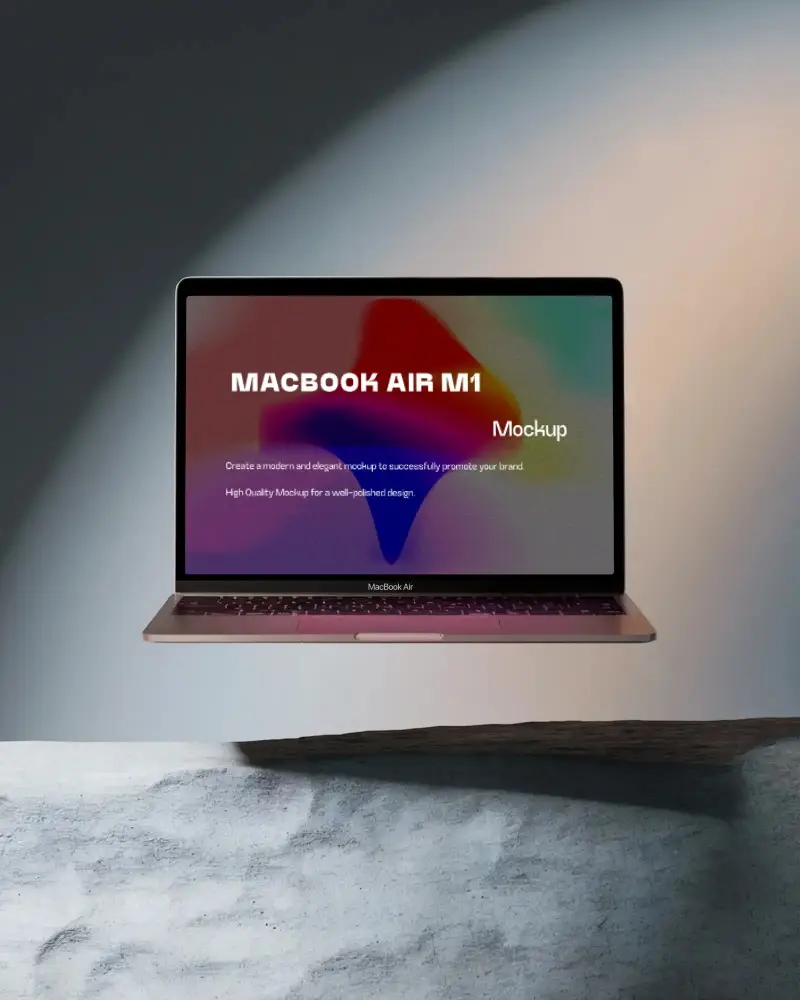 Macbook Air M1 Mockup Floating Above Textured Surface With Soft Gradient Lighting And Minimal Shadow Depth