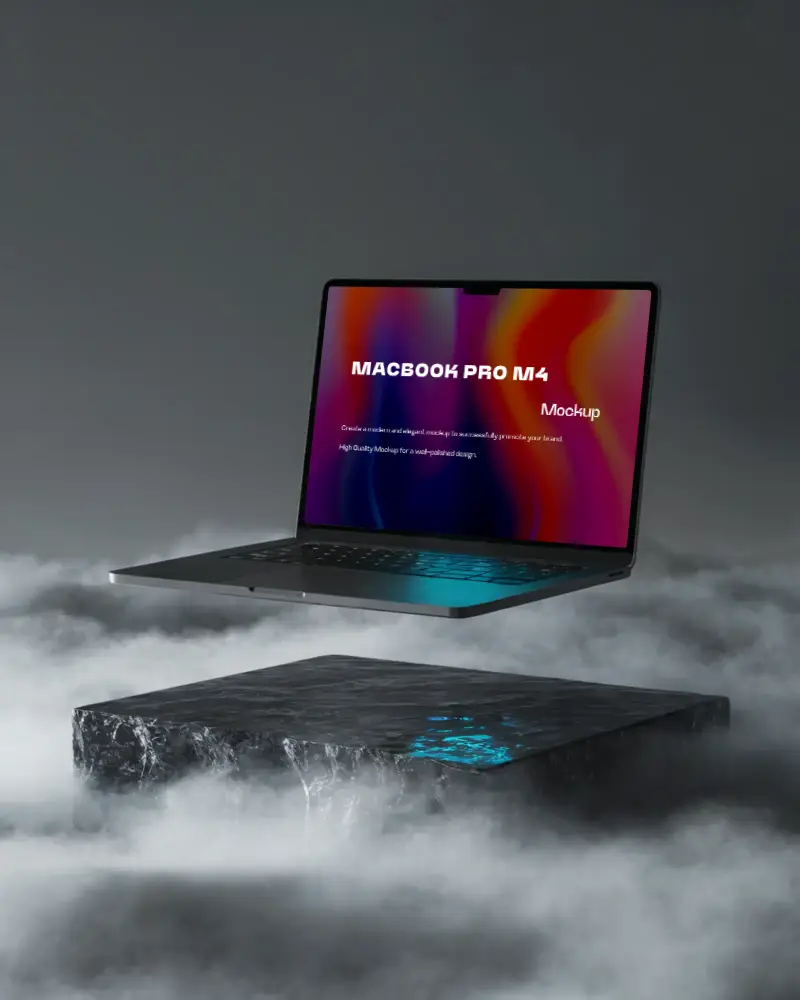 Floating Macbook M4 Pro Mockup Over Misty Stone Pedestal Dark Moody Background With Blue Accent Lighting High Tech Presentation Style