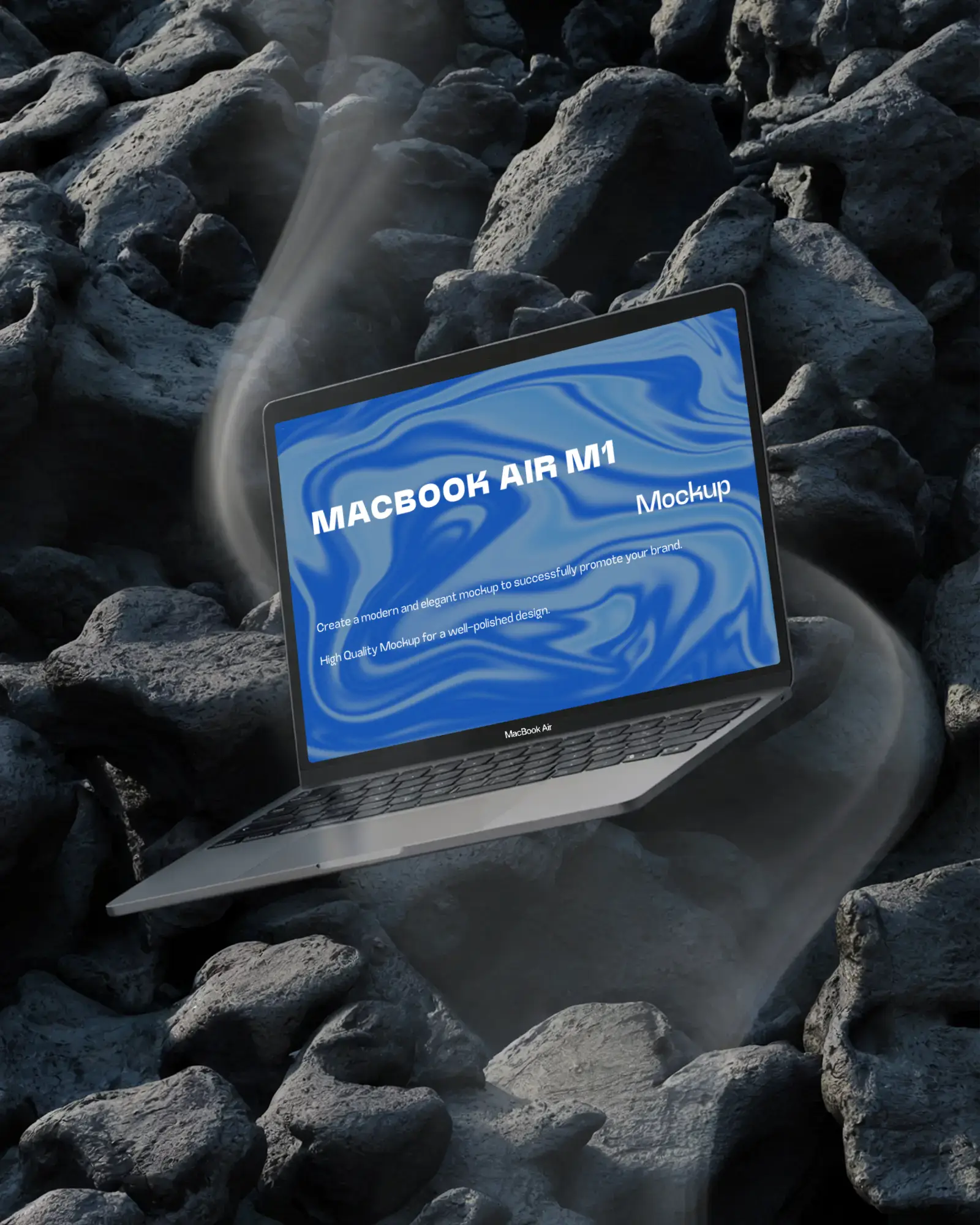 Floating Macbook Air M1 Mockup Above Charcoal Rocks With Swirling Smoke Dramatic And Earthy Scene Bold Contrast Display