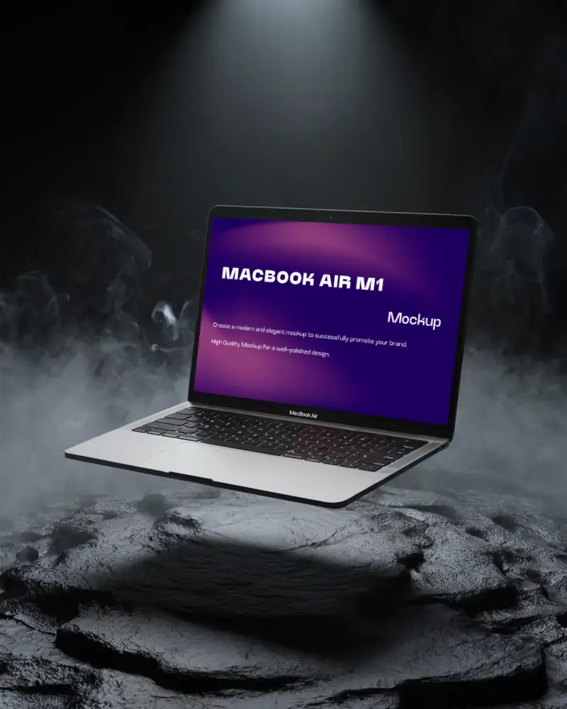 Floating Macbook Air M1 Mockup On Textured Black Surface With Spotlight And Rising Smoke Dramatic Showcase In Dark Environment