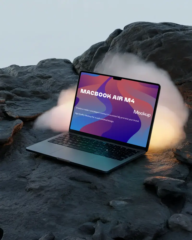 Macbook Air M4 Mockup On Weathered Rocks With Glowing Fog Burst And Cool Toned Dusk Lighting Dramatic And Modern Display