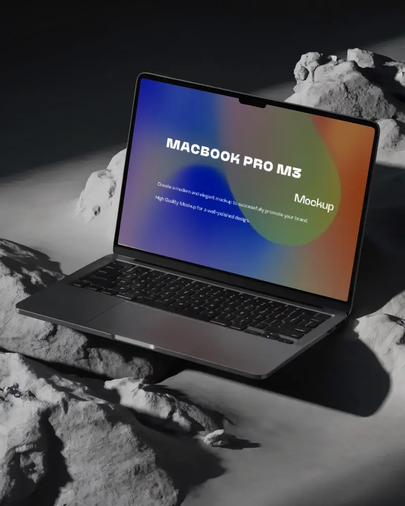 Macbook M3 Pro Mockup On Lunar Textured Surface With Deep Shadows And Soft Spotlight Minimal And Cinematic Presentation