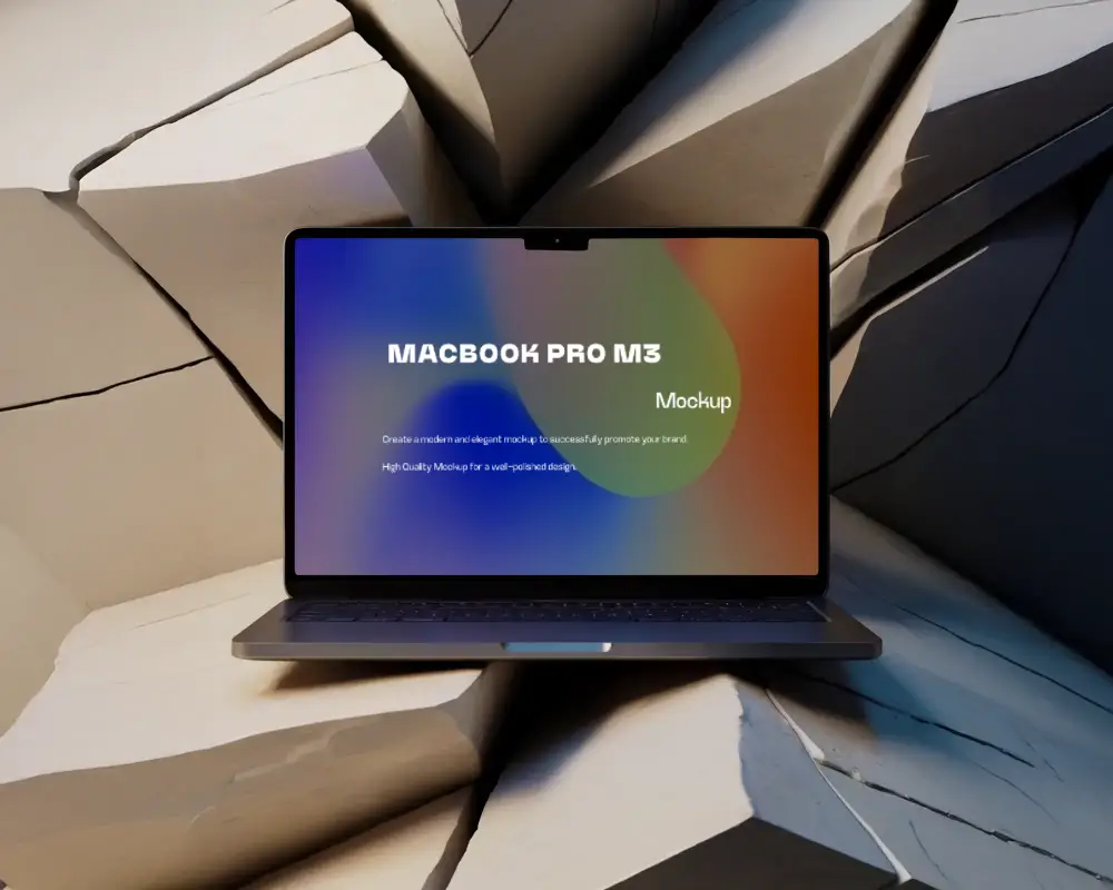 Macbook M3 Pro Mockup On Sculpted Sandstone Cracks With Angled Light And Modern Shadows Artistic And Architectural Scene