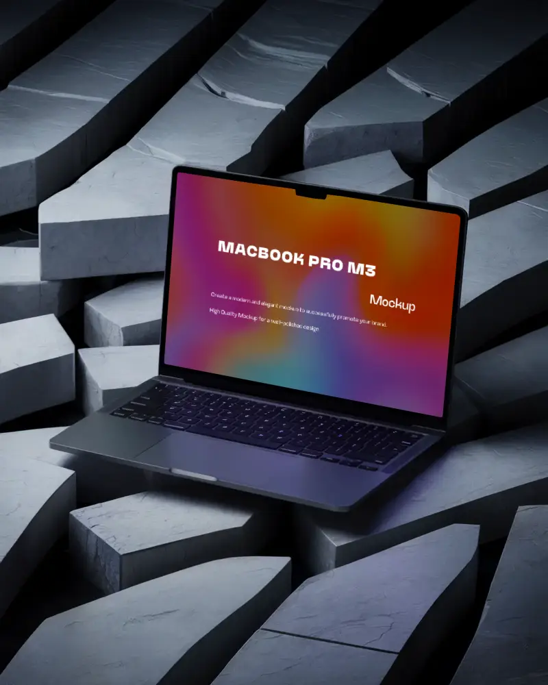 Macbook M3 Pro Mockup On Staggered Slate Tiles With Deep Blues And Geometric Shadows Edgy And Futuristic Environment