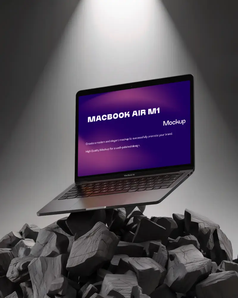 Macbook Air M1 Mockup Floating Above Charred Wooden Debris With Dramatic Spotlight High Contrast And Edgy Minimalism