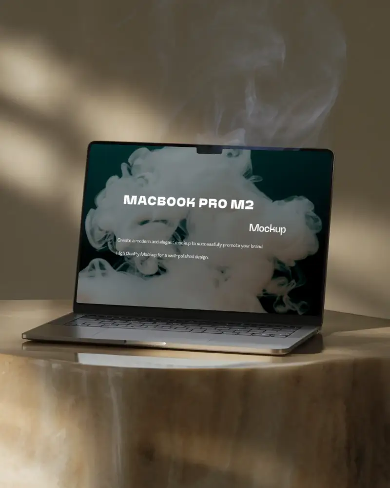 Macbook M2 Pro Mockup On Polished Stone Pedestal With Soft Shadows And Rising Smoke Earthy Tones And Elegant Light Play