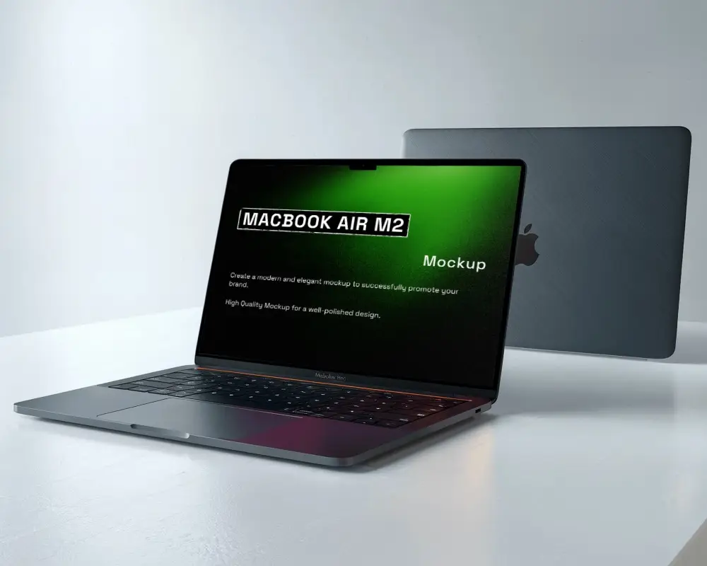 Dual View Macbook Mockup Front And Back On White Surface Elegant And Techy