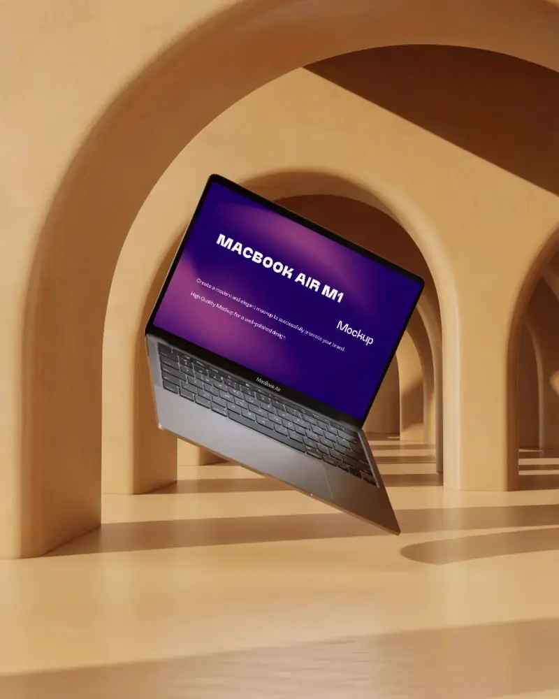 Macbook Air M1 Mockup In A Warm Arched Terracotta Interior Reflection And Natural Light