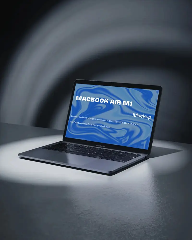 Macbook Air M1 Mockup Open Laptop On Dark Minimalist Table With Soft Cinematic Spotlight