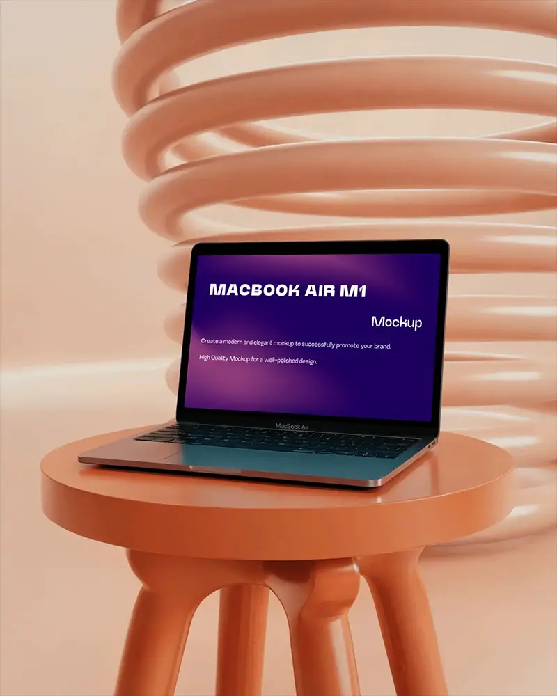 Macbook Air M1 Mockup On Modern Orange Stool With Spiral Backdrop Minimal Studio Lighting Soft Pastel Tone