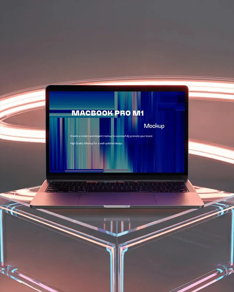 Macbook Air M1 Pro Mockup Studio Scene With Glowing Neon Stripes And Modern Reflective Platform