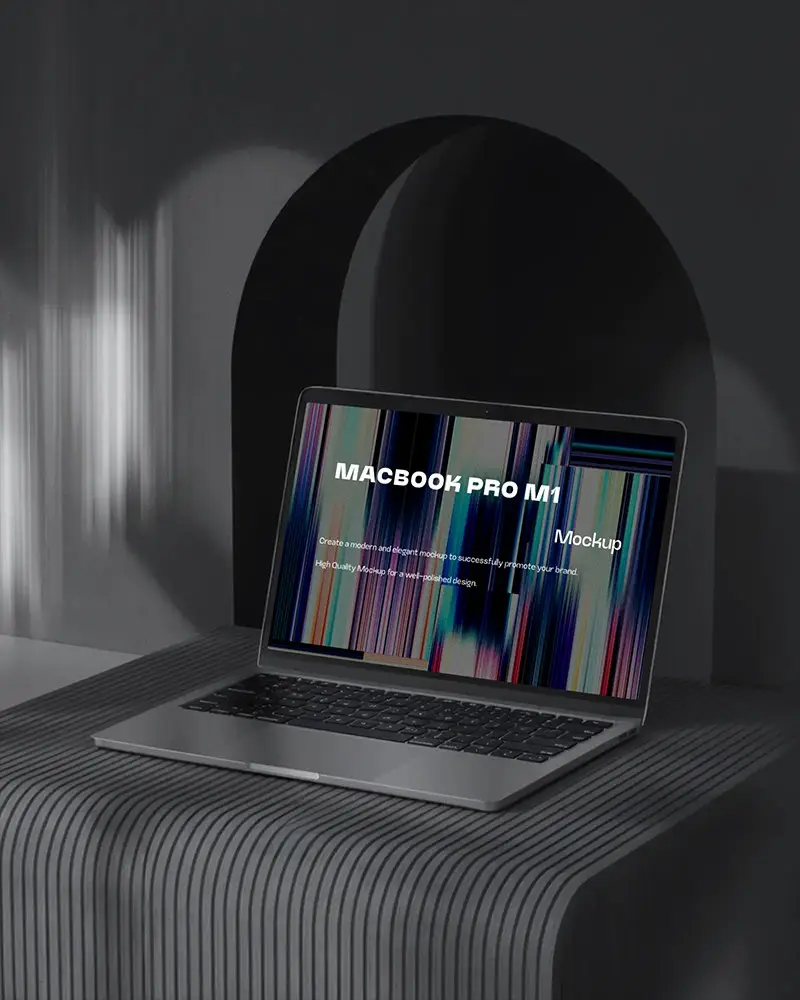 Macbook Air M1 Pro Mockup On Curved Ribbed Desk Under Arched Structure With Soft Diffused Lighting
