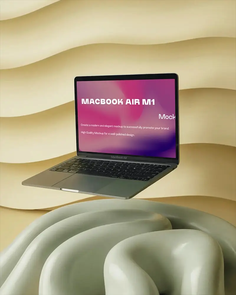 Macbook Air M1 Mockup In Surreal Floating Display Above Liquid Like Sculpture With Beige Wave Wall