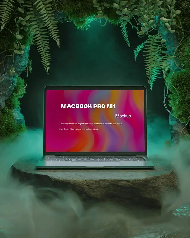 Macbook M1 Pro Mockup On Stone Platform Surrounded By Mist And Fern Leaves In Enchanted Forest Scene