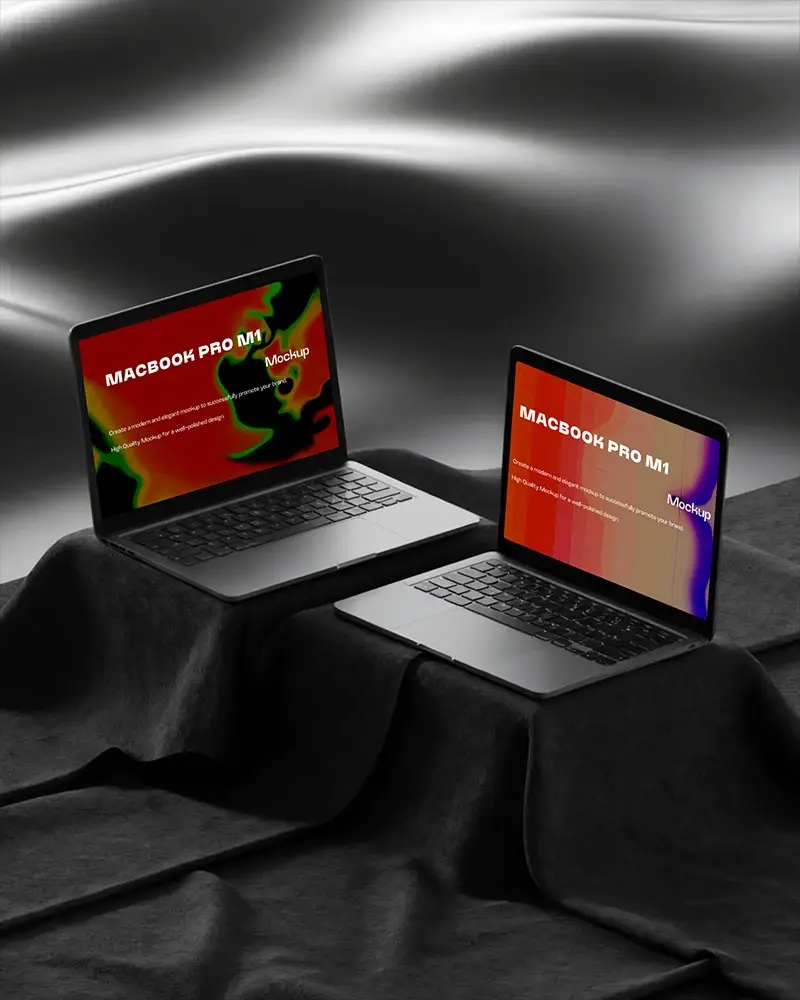 Macbook M1 Pro Mockup Dual Display On Black Fabric Surface With Liquid Metallic Backdrop Luxury Dark Mode