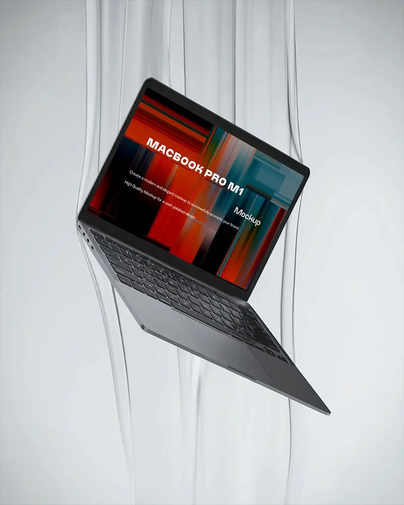 Macbook M1 Pro Mockup Angled Midair Shot With Abstract Flowing Lines Minimalist Elegant Composition