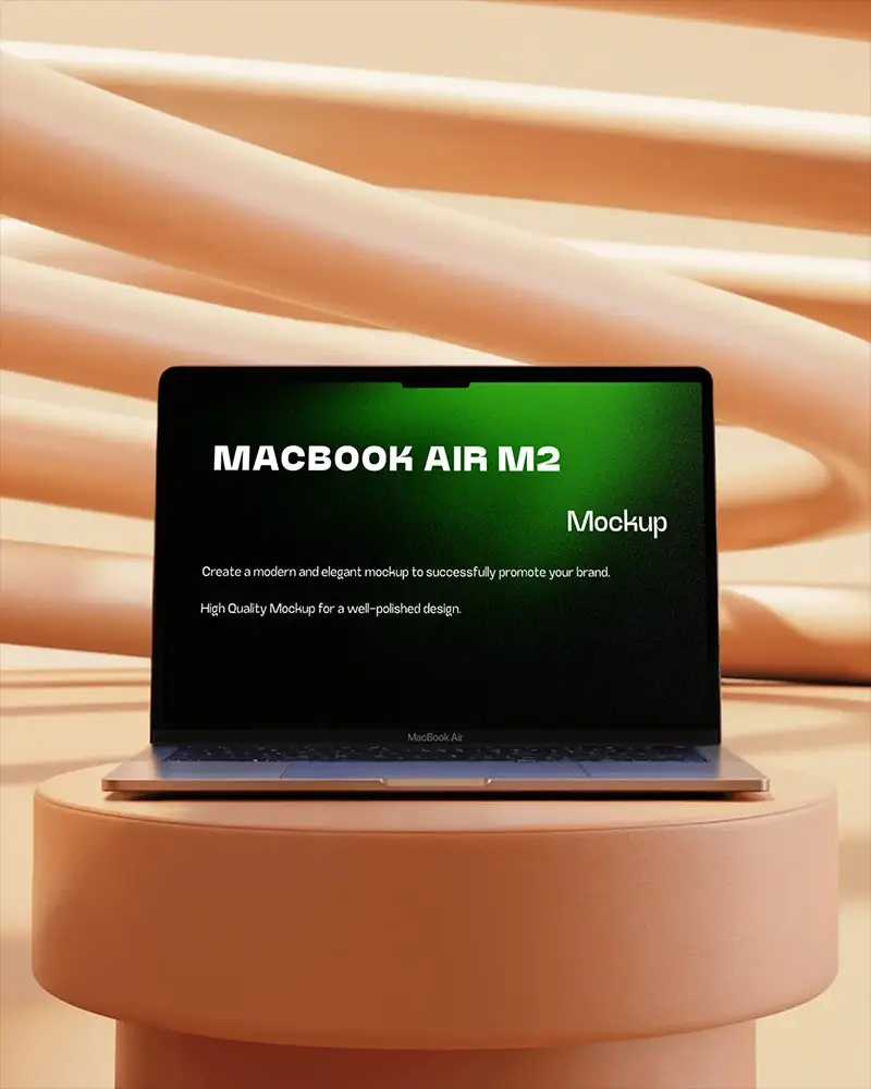Macbook Air M2 Mockup On Minimal Round Podium With Swirling Peach Background And Soft Studio Lighting