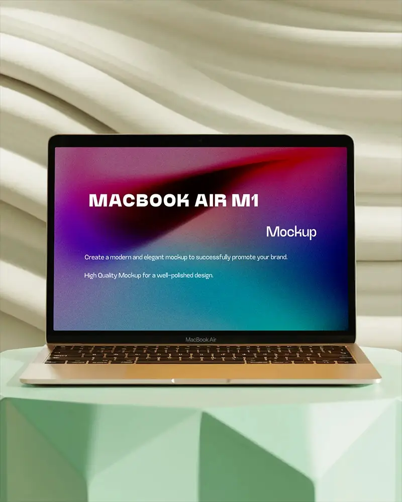 Macbook Air M1 Mockup On Geometric Mint Podium With Soft White Wavy Wall And Natural Studio Light