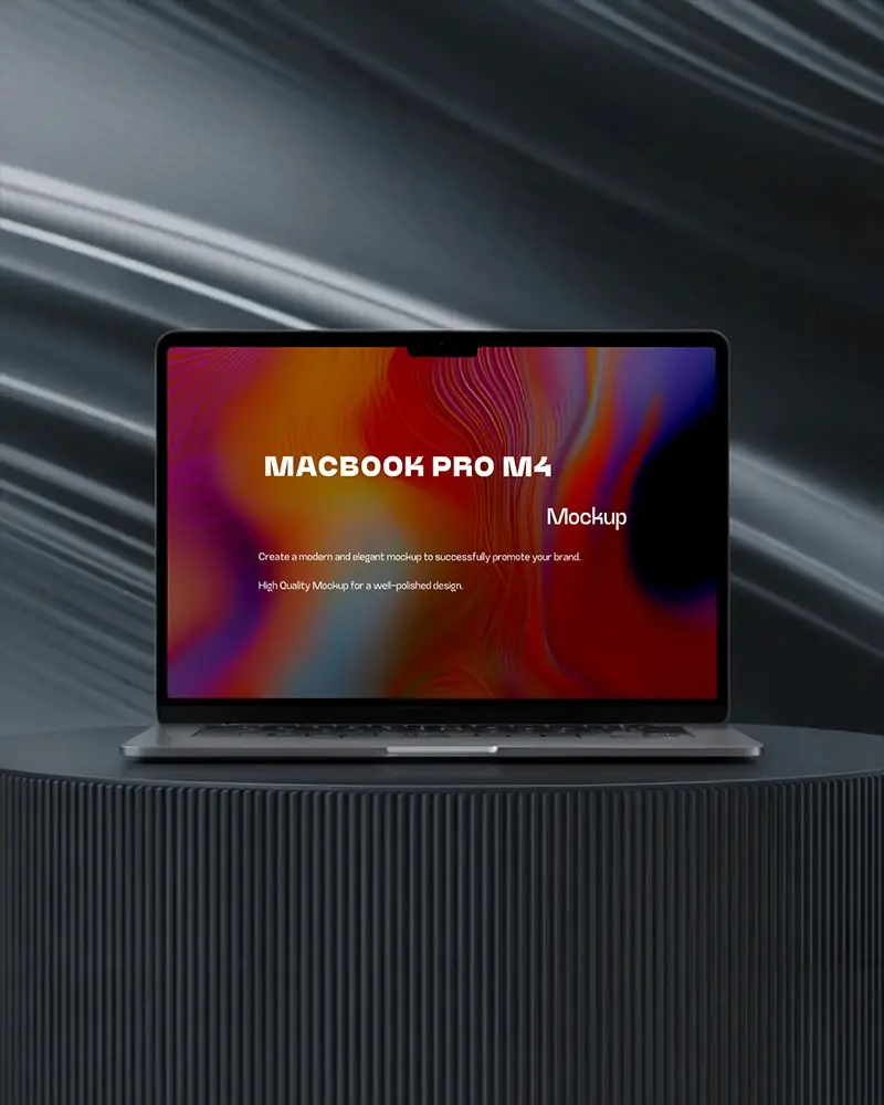 Macbook M4 Pro Mockup In Luxury Dark Studio Featuring Curved Liquid Chrome Backdrop And Textured Base
