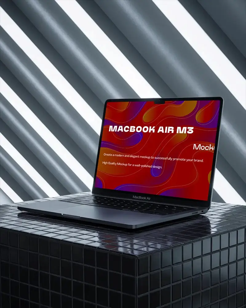 Macbook Air M3 Mockup Staged On Dark Mosaic Base With Modern Led Lighting And Cyber Industrial Aesthetic