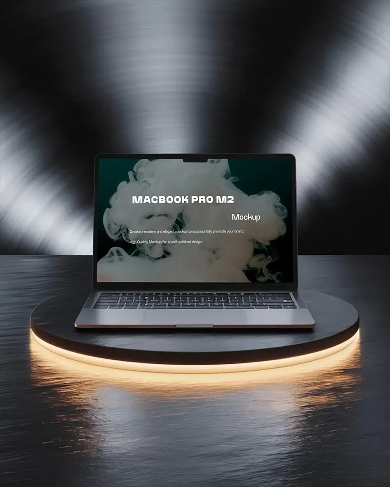 Macbook M2 Pro Mockup On Glowing Black Round Platform With Metallic Brushed Background And Spotlight Effect