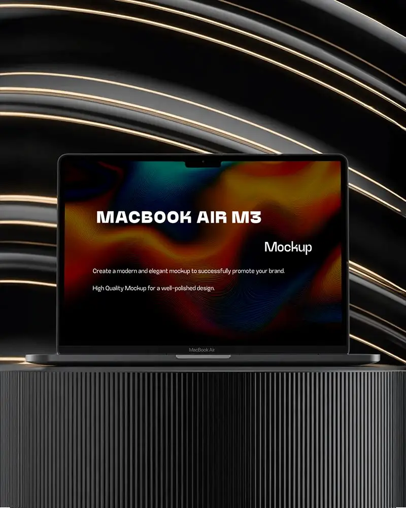 Macbook Air M3 Mockup On Black Ribbed Podium With Curved Golden Light Streaks And Luxury Dark Backdrop