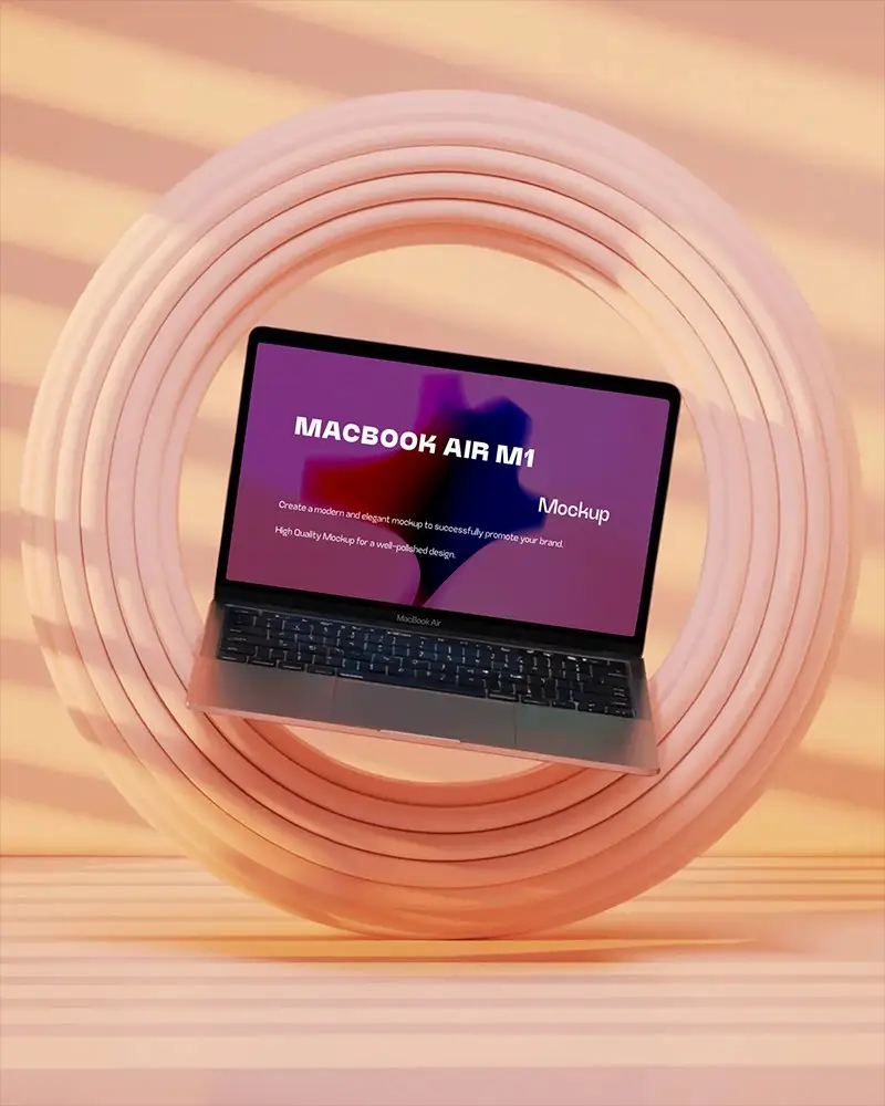 Macbook Air M1 Mockup Conceptual Design Floating In 3d Ring With Warm Toned Light And Creative Layout