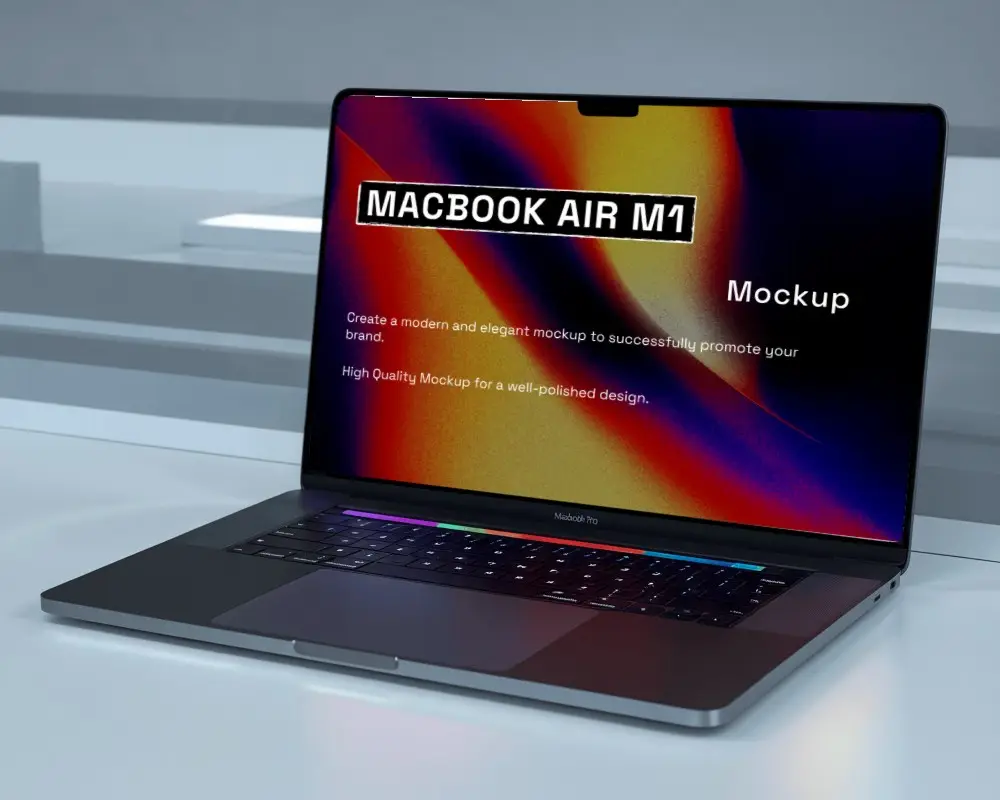 Modern Macbook Mockup On White Desk With Colorful Keyboard Lighting