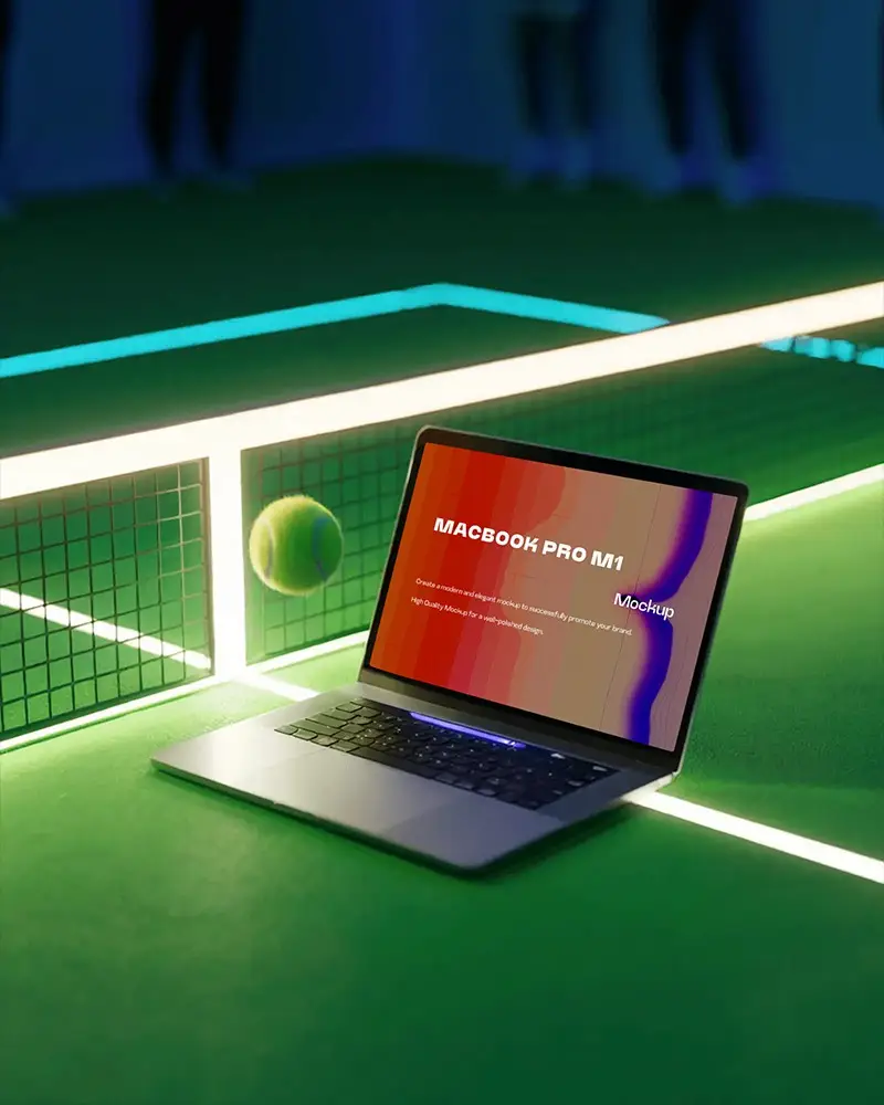 Macbook M1 Pro Mockup On Tennis Court With Glowing Net And Flying Ball Illuminated By Stadium Lighting