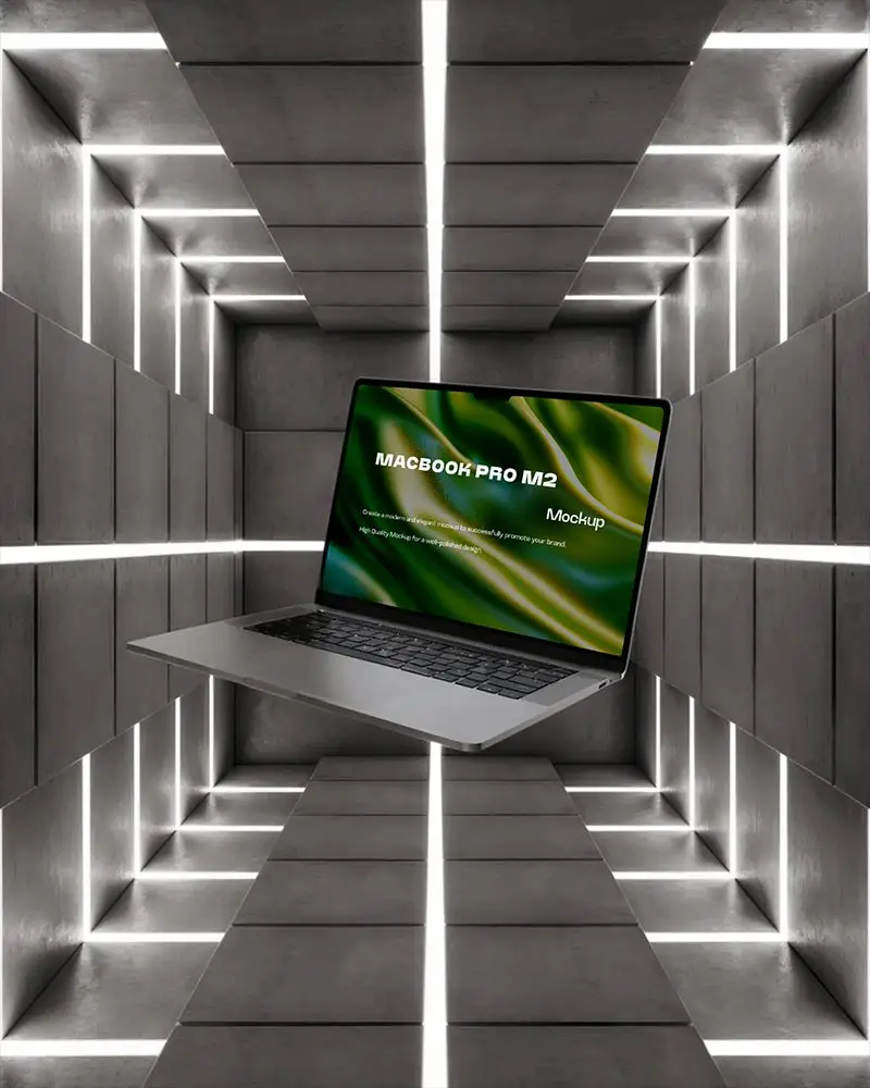 Macbook M2 Pro Mockup Floating In Geometric Led Tunnel With Concrete Wall Panels And Sci Fi Light Grid