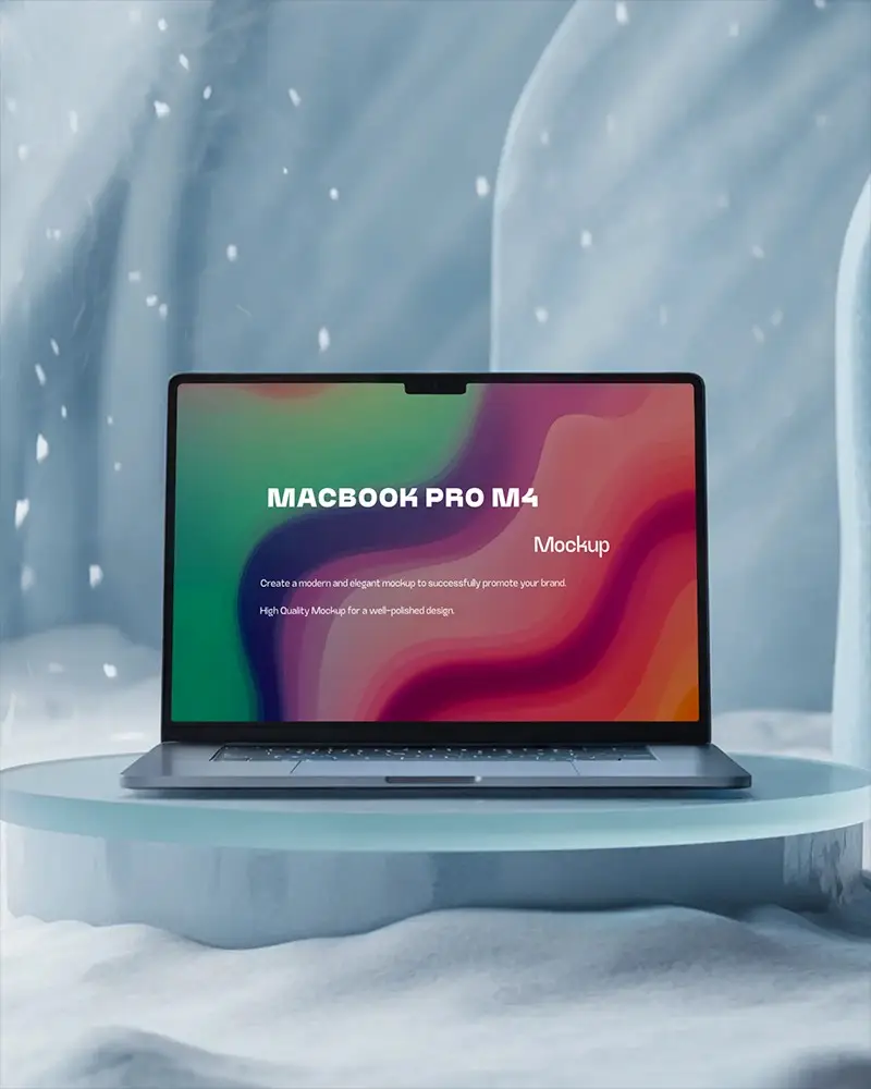 Macbook M4 Pro Mockup Centered In Frosted Studio With Soft Snow Texture And Glacial Lighting Aesthetic