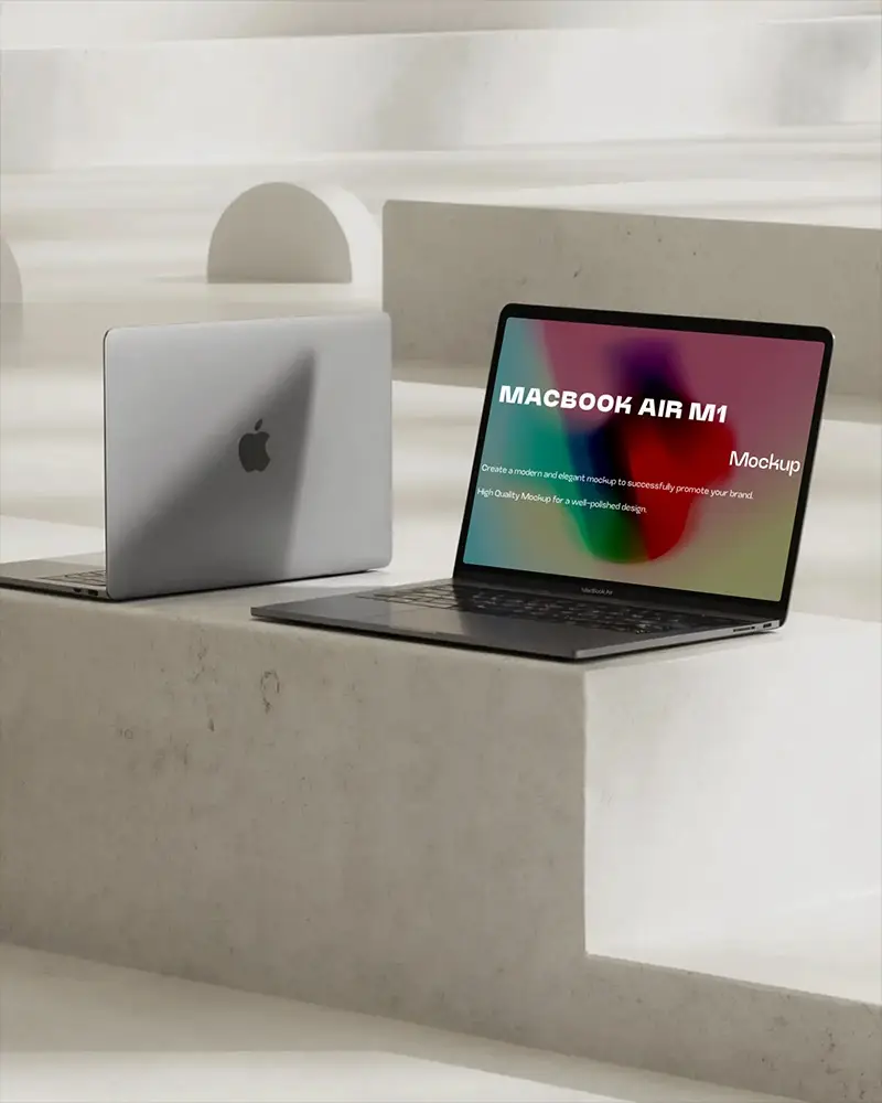 Macbook Air M1 Mockup Minimalist Scene With Two Laptops On Sunlit Stone Steps And Soft Shadow Play