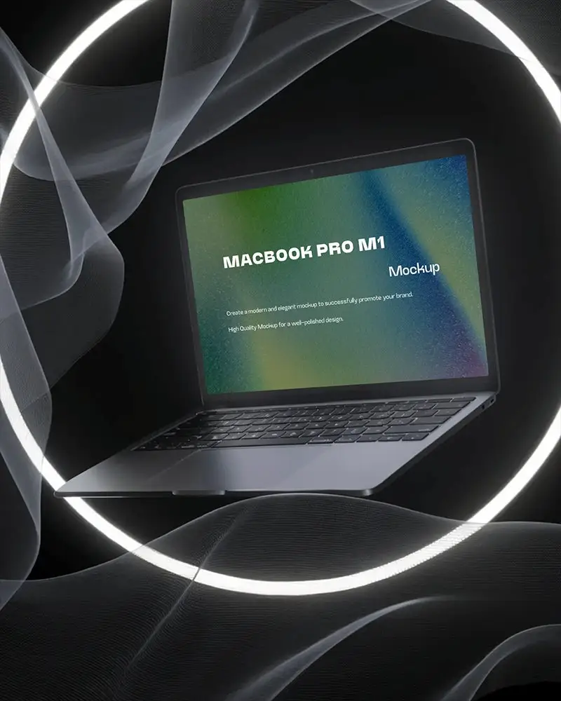 Macbook M1 Pro Mockup Floating Tech Visual Inside Lit Ring Frame With Aesthetic Fog And Black Studio