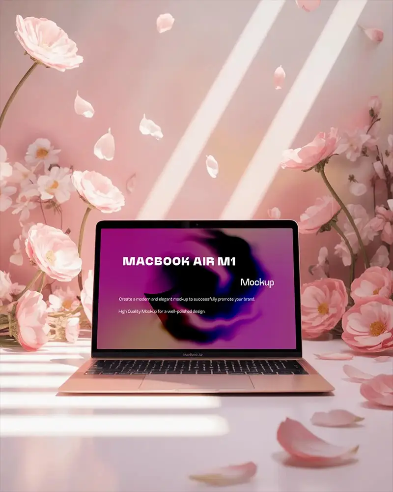 Macbook Air M1 Mockup In Blooming Petal Studio With Pink Flowers Soft Light And Floating Florals