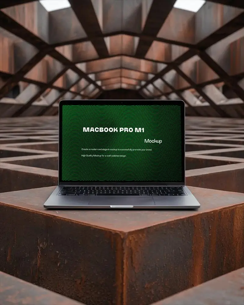 Macbook M1 Pro Mockup In Rustic Architecture Scene With Oxidized Metal Surface And Symmetrical Geometry
