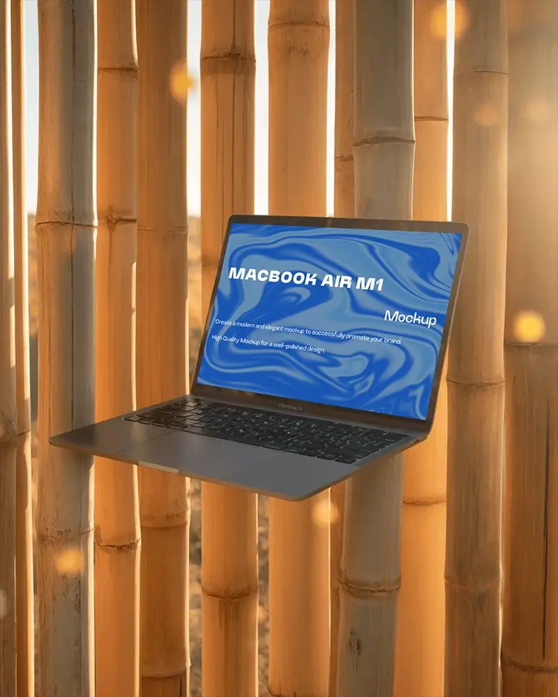 Macbook Air M1 Mockup Hovering In Warm Natural Backdrop With Vertical Bamboo Stalks And Evening Glow