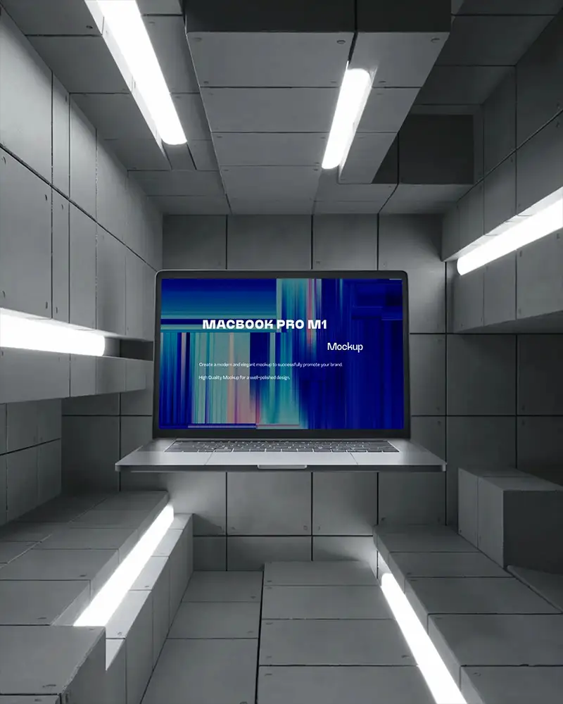 Macbook M1 Pro Mockup Floating In Illuminated Concrete Chamber With Linear Led Strips And Geometric Walls
