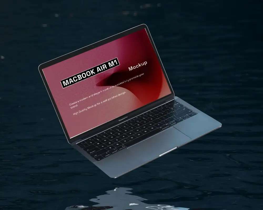 Floating Macbook Mockup Over Water Serene And Contemporary Design