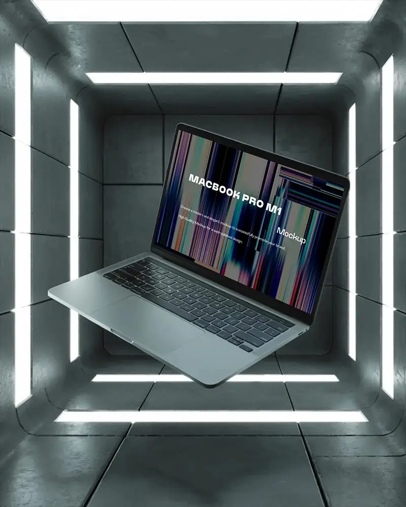 Macbook M1 Pro Mockup Hovering In Futuristic Light Tunnel With Concrete Grid And Sci Fi Illumination