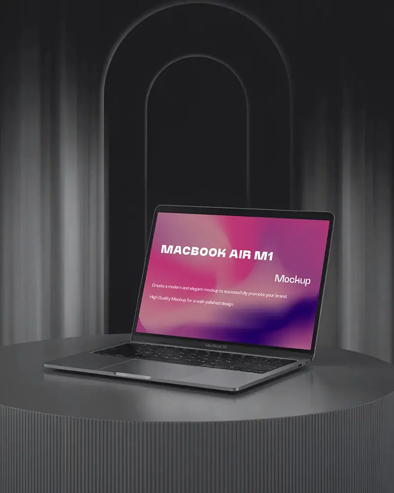 Macbook Air M1 Mockup On Ribbed Circular Podium With Arched Dark Background And Minimal Lighting
