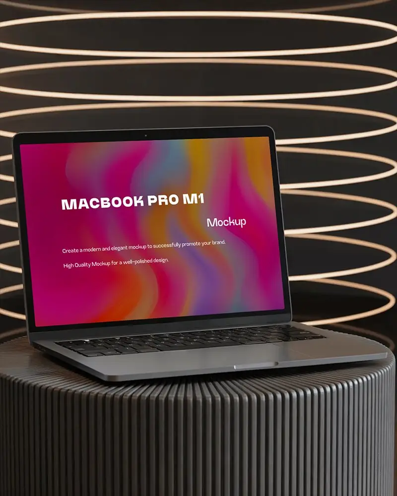 Macbook M1 Pro Mockup On Rounded Ribbed Podium With Glowing Concentric Light Rings In Dark Studio